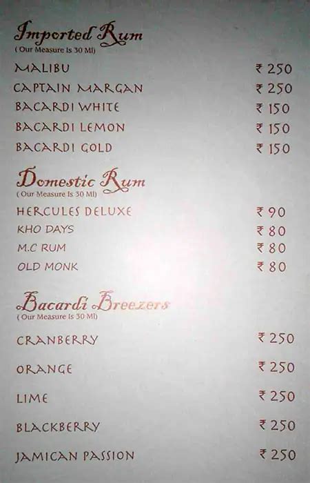 Menu at Sea Route, Bengaluru, MK Towers