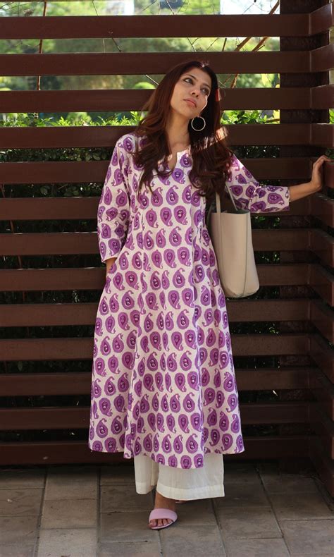 Cotton Paisley Print White and Purple Kali Kurta – Baareeki