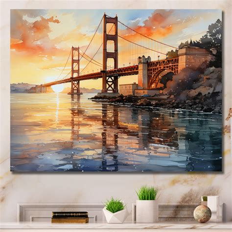Designart "Golden Gateway Orange Bridge III" Bridges Canvas Wall Art ...