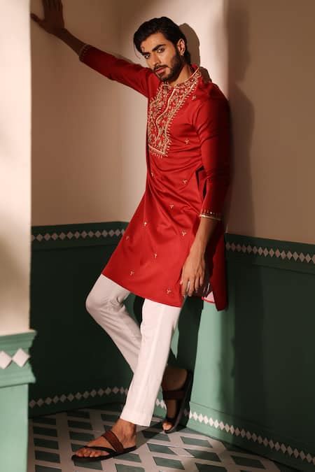Buy Red Silk Embroidery Noraiz Floral Yoke Kurta With Pant For Men by ...
