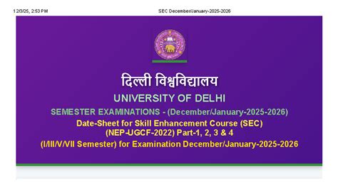 SEC University of Delhi Skill Enhancement Course Exam Schedule (Dec ...