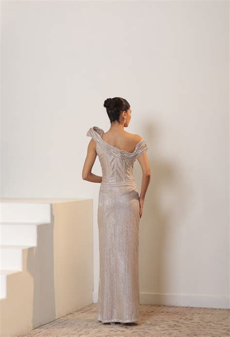 Champagne Mettelic Lycra Crepe Embroidered Gown -Elegant Cocktail Wear ...