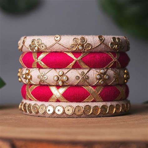 Buy Pink & White Handcrafted Gotta Patti & Sequins Bangles | Set of 5 ...