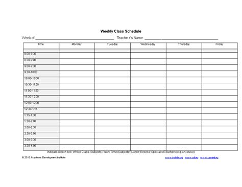 Image result for Weekly Class Schedule Template Excel