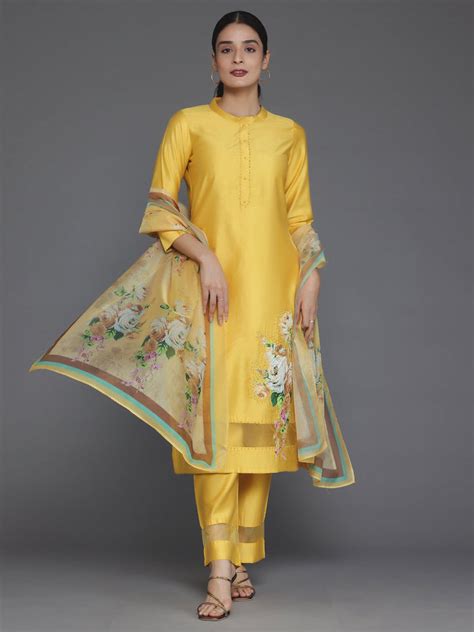 Buy Mustard Self Design Silk Blend Straight Suit With Dupatta Online at ...