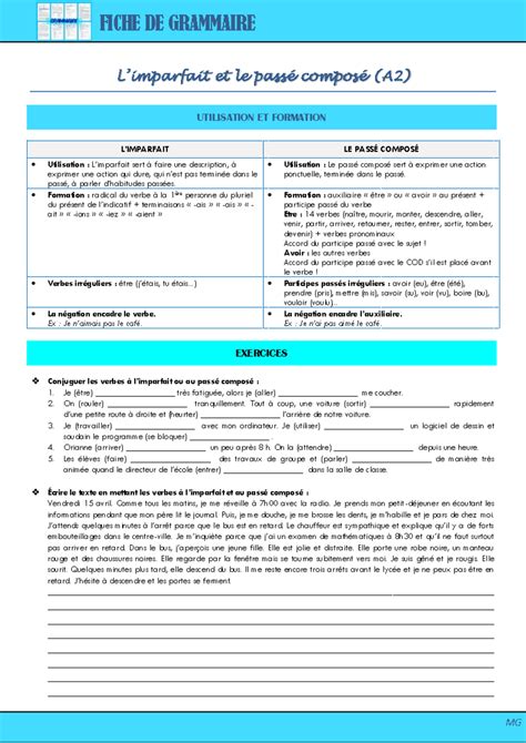 Exercices Passé Composé vs Imparfait - FICHE DE GRAMMAIRE MG L ...