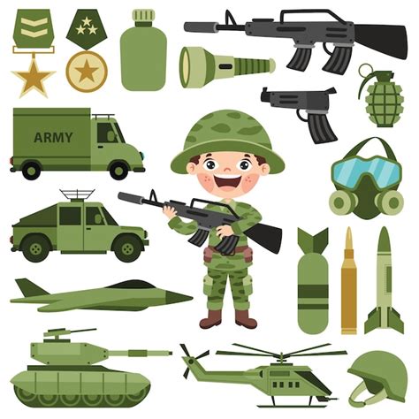 Conjunto de vários elementos do exército | Vetor Premium