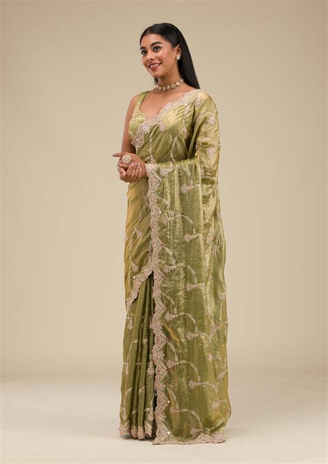 Buy Pista Green Zariwork Tissue Saree - Koskii