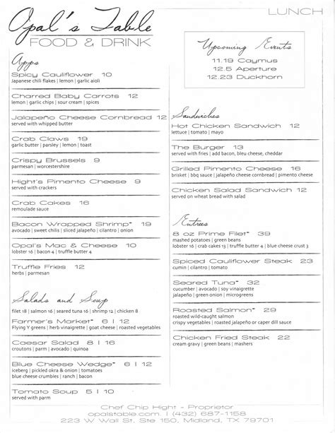 Opal’s Table – Menu – Midland – Midland Menus