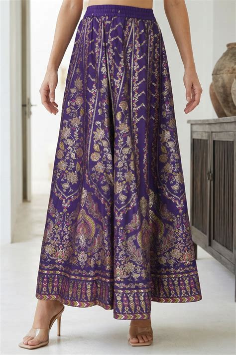 Buy Purple Ethnic Motifs Crepe Wide Leg Ankle Length Skirt Online for ...