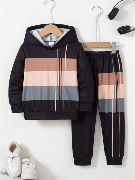 2pcs/Set Boys Casual Printed Striped Pattern Long Sleeve Hoodie ...