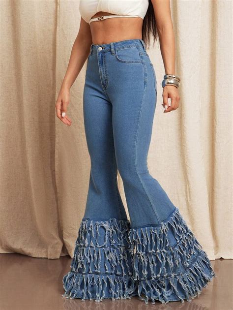 Vixey Layered Fringe Hem Stretch Denim Flare Leg Jeans, Boho Chic ...