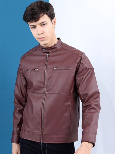 HIGHLANDER Men Burgundy Solid Leather Jacket - Price History