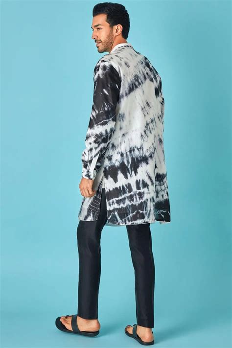 Monochrome Beauty: White and Black Tie-Dye Pure Linen Kurta with Mirro ...
