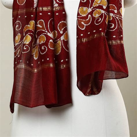 Red Handloom Chanderi Silk Hand Batik Print Stole