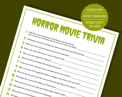 Horror Movie Trivia Questions - Printable Halloween Game, Halloween Movie Trivia Quiz, Scary ...