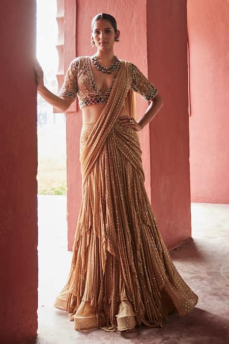 Buy Beige Georgette, Linen Sequins, Beads, Work Layered Pre-draped ...