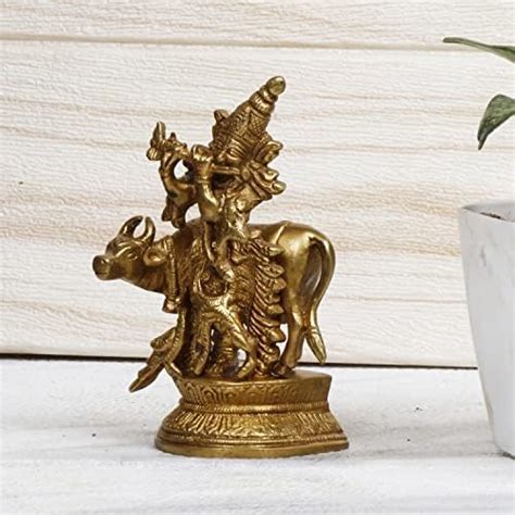 ARTVARKO Brass Krishna Playing Flute with Kamdhenu Cow and Peacock Idol ...