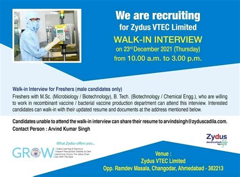 Walk in interview for Freshers at Zydus on 23rd Dec 2021