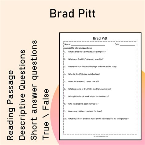Brad Pitt | Reading Comprehension Passage Printable Activity ...