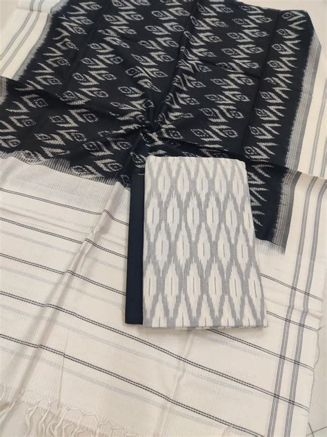 White-black- 3PC HANDLOOM POCHAMPALLY DOUBLE IKAT DUPATTA COTTON DRESS ...