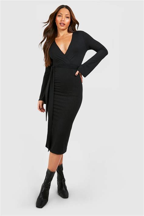 Tall Rib Wrap Belted Flare Sleeve Midi Dress | boohoo AU