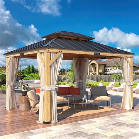 EROMMY 11' x 13' Asphalt Hardtop Gazebo, Spruce Wood Double Roof Gazebo ...
