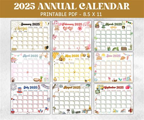 Kids Annual Monthly 2025 Calendar, Printable 2025 Calendar, Homeschool ...