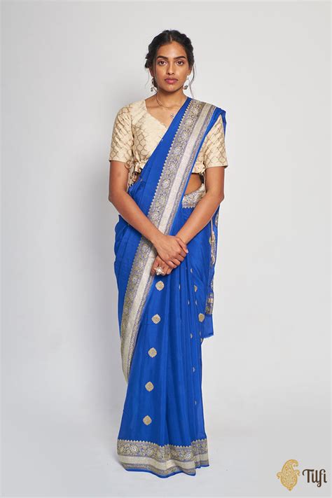 Royal Blue Pure Georgette Banarasi Handloom Saree - Tilfi