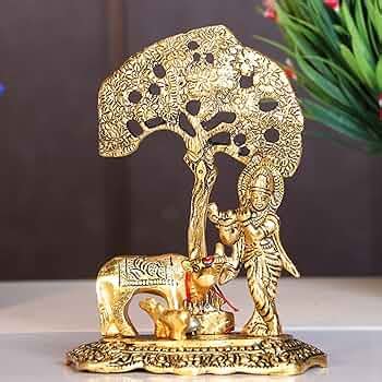 KridayKraft Kamdhenu Cow with Krishna Standing Under Tree Plying Flute ...