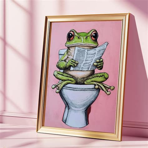 Kna Prints - Frog Reading Newspaper On Toilet, Humorous Bathroom Art ...