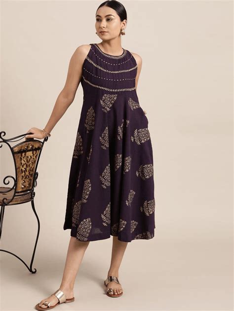 Purple Block Print Cotton Dress for Women - Stylish and Chic – Charkha ...