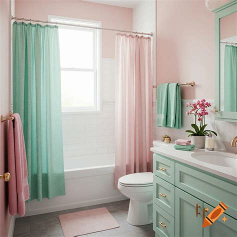 Aesthetic pink and green dorm bathroom photo on Craiyon