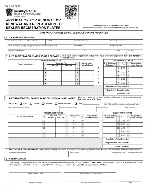PA DMV Form MV-350R. Renewal or Replacement Request of Dealer ...