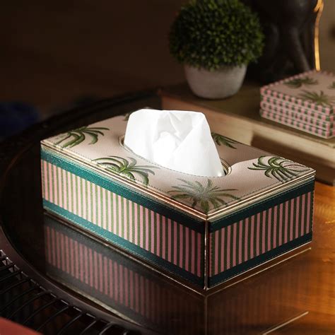 Beige & Green Palmero Printed Faux Leather Tissue Box