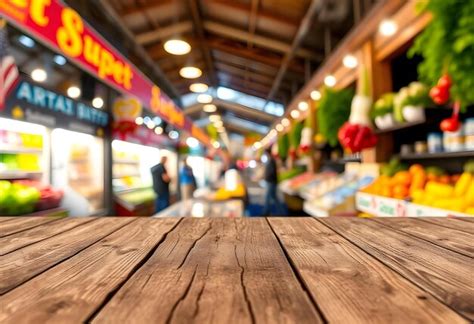 Wooden top table with bokeh light effect with super market view on ...