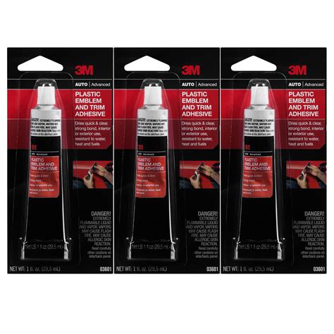 3M Plastic Emblem & Trim Adhesive (03601), 1 fl oz Tube (Pack of 3) – Clear Quick-Drying Auto ...