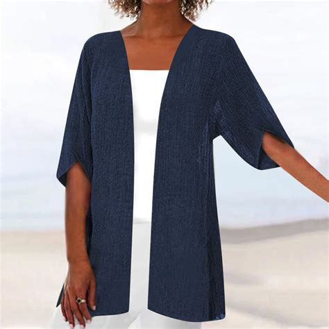VgaVtl Cotton Cardigan Sweaters for Women Open Front Blue Elbow-Length ...