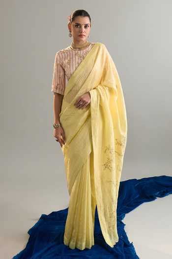 Buy Yellow Chanderi Silk Sequins, Crystals, Cut Work, Zari Embroidered ...