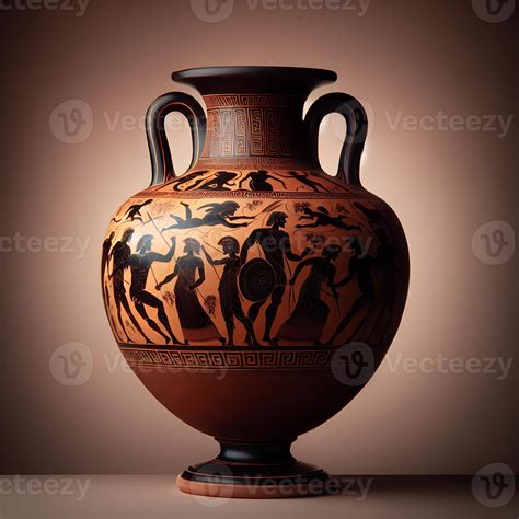 Detailed ancient Greek amphora vase painted with scenes from Greek mythology showcasing heroes ...