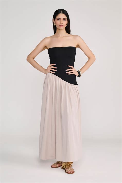 Tastes Like Couture | Black Tube Maxi Dress With Diagonal Cut Beige ...