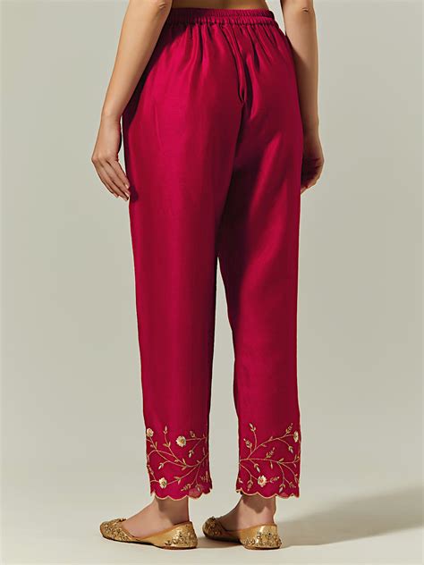 Red Silk Chanderi palazzo with embroidered hem – Anantaalife