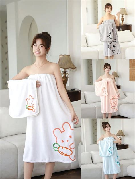 1pc Women Wearable Hooded Bath Towel, Polyester Fiber, Solid Color ...