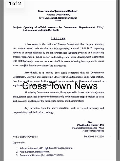 Finance Dept J&K directs All Govt Accounts to be opened only in J&K Bank
