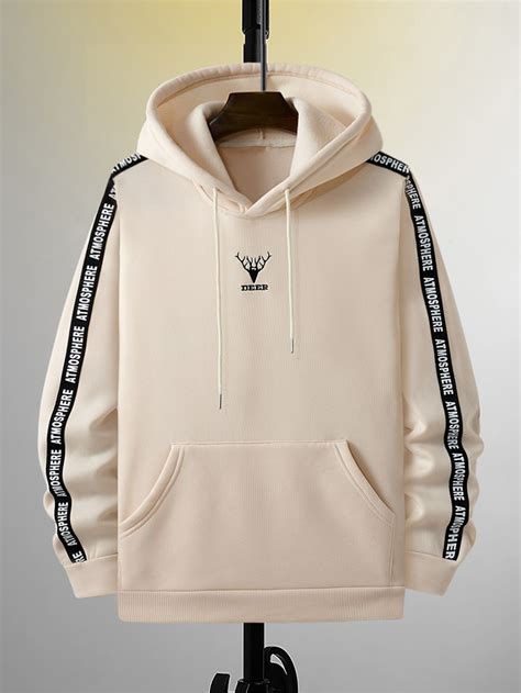 Men Antler & Letter Embroidery Contrast Tape Thermal Lined Drawstring ...