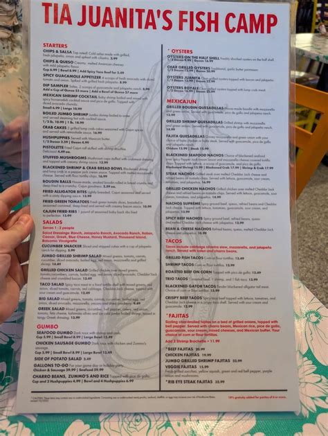 Menu at Tía Juanitas Fish Camp Port Arthur restaurant, Port Arthur
