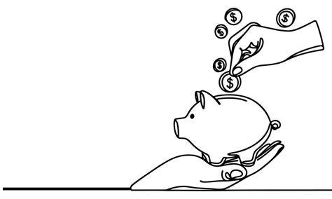 continuous one black line hand putting coins falling in Piggy bank ...