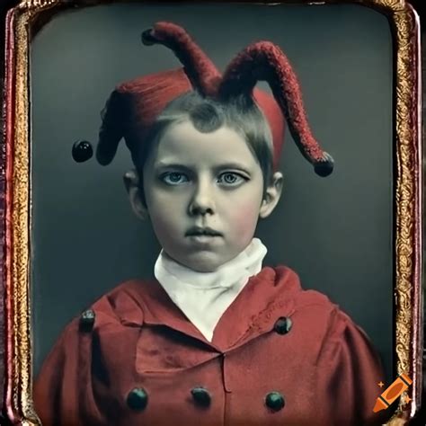 Serious child in formal court jester costume on Craiyon