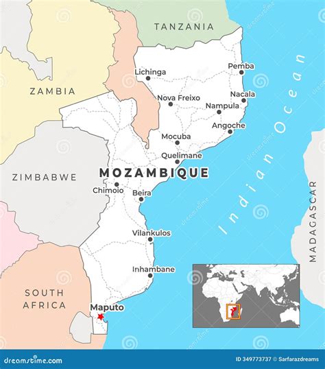 Mozambique Political Map and Capital Maputo, with National Borders and ...