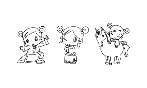 Ładny szczęśliwy kreskówka doodle chińska dziewczyna dzieci, rysunek ...